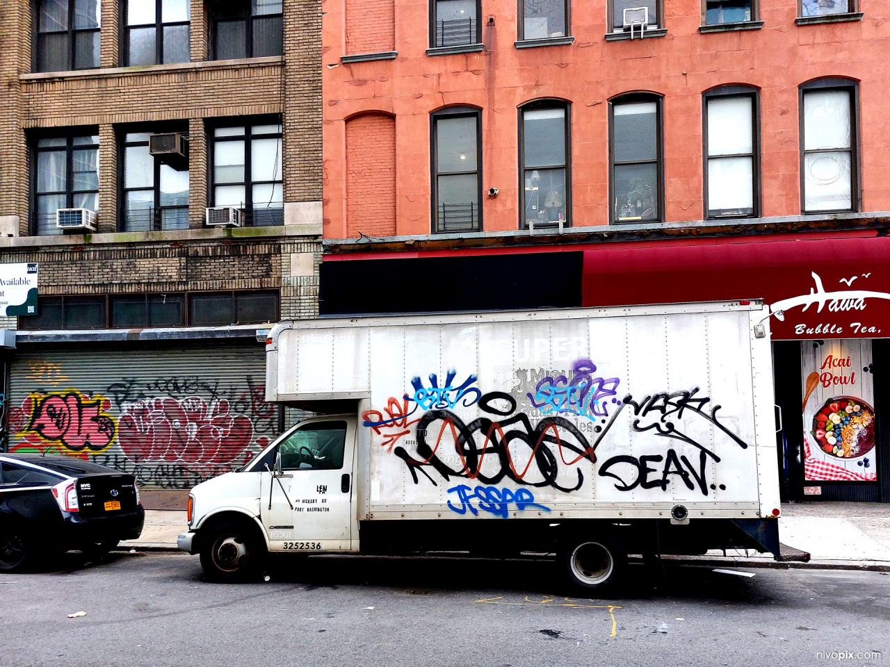 Graffiti covered box van, Tribeca, New York City