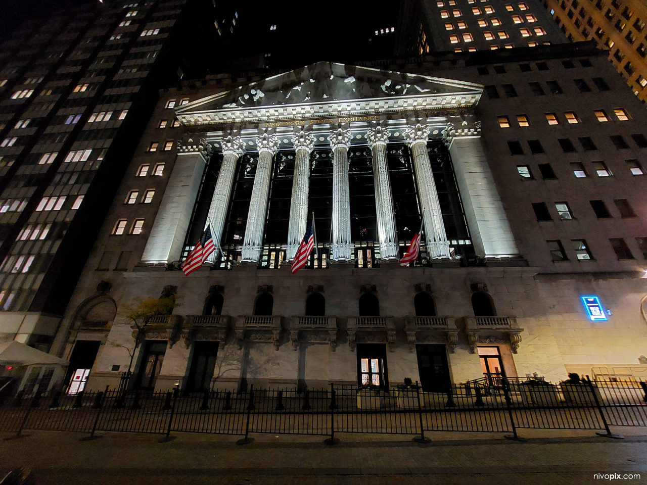 New York Stock Exchange building, by night