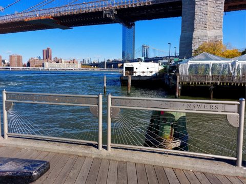 Fulton Ferry Landing with Walt Whitman poem (Crossing Brooklyn Ferry) – New York, United States