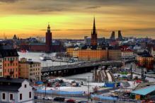 Stockholm skyline at sunset from Katarina gångbro