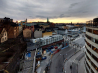 Stockholm skyline at sunset from Katarina gångbro