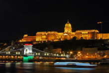 The Chain Bridge illuminated in the colors of the Hungarian flag on election night.