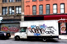 Graffiti covered box van, Tribeca, New York City