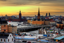 Stockholm skyline at sunset from Katarina gångbro