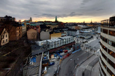 Stockholm skyline at sunset from Katarina gångbro