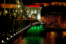 A crowd celebrating the election results on the Chain Bridge.